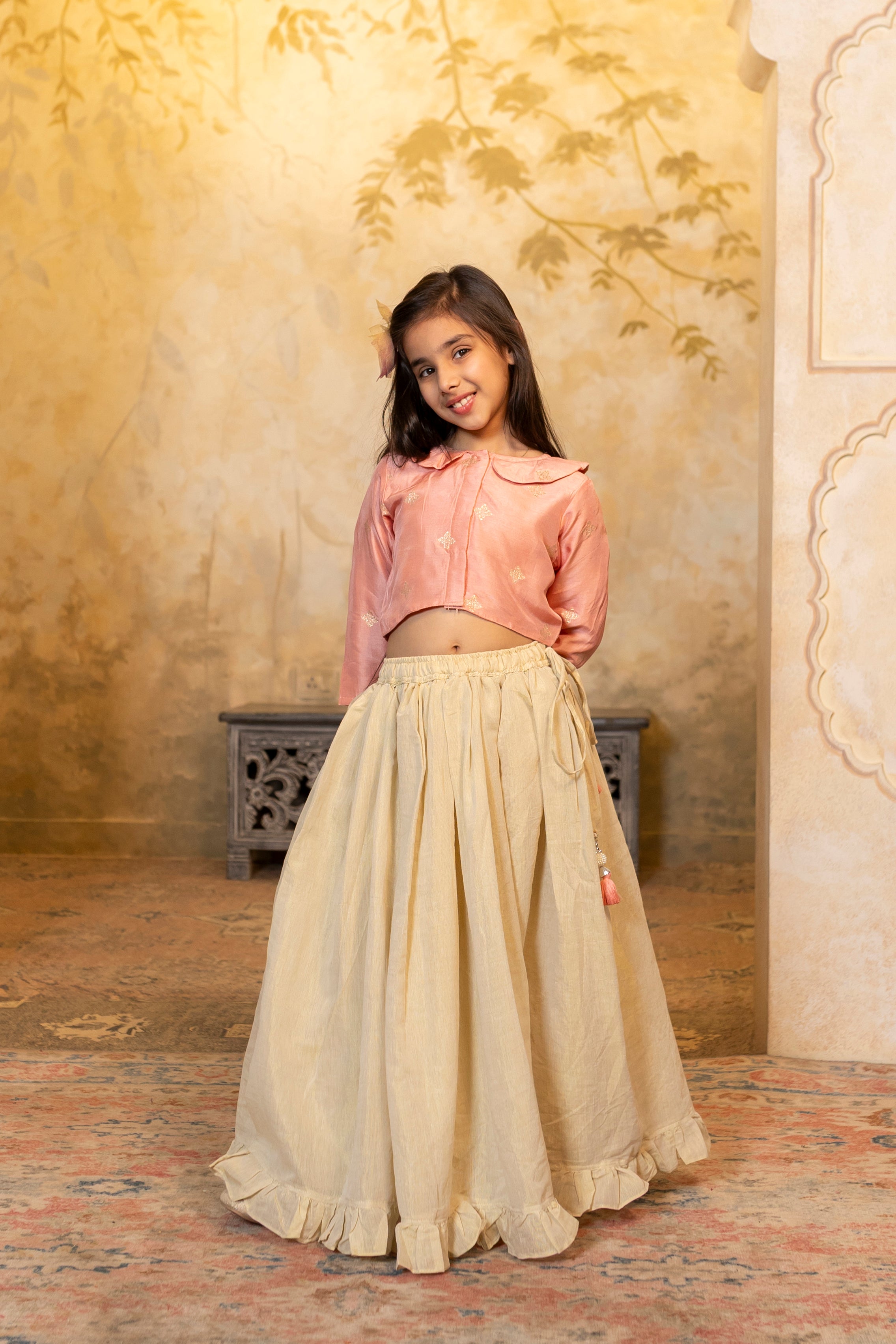 Peter Pan collar Peach top with Ruffle hem lehenga