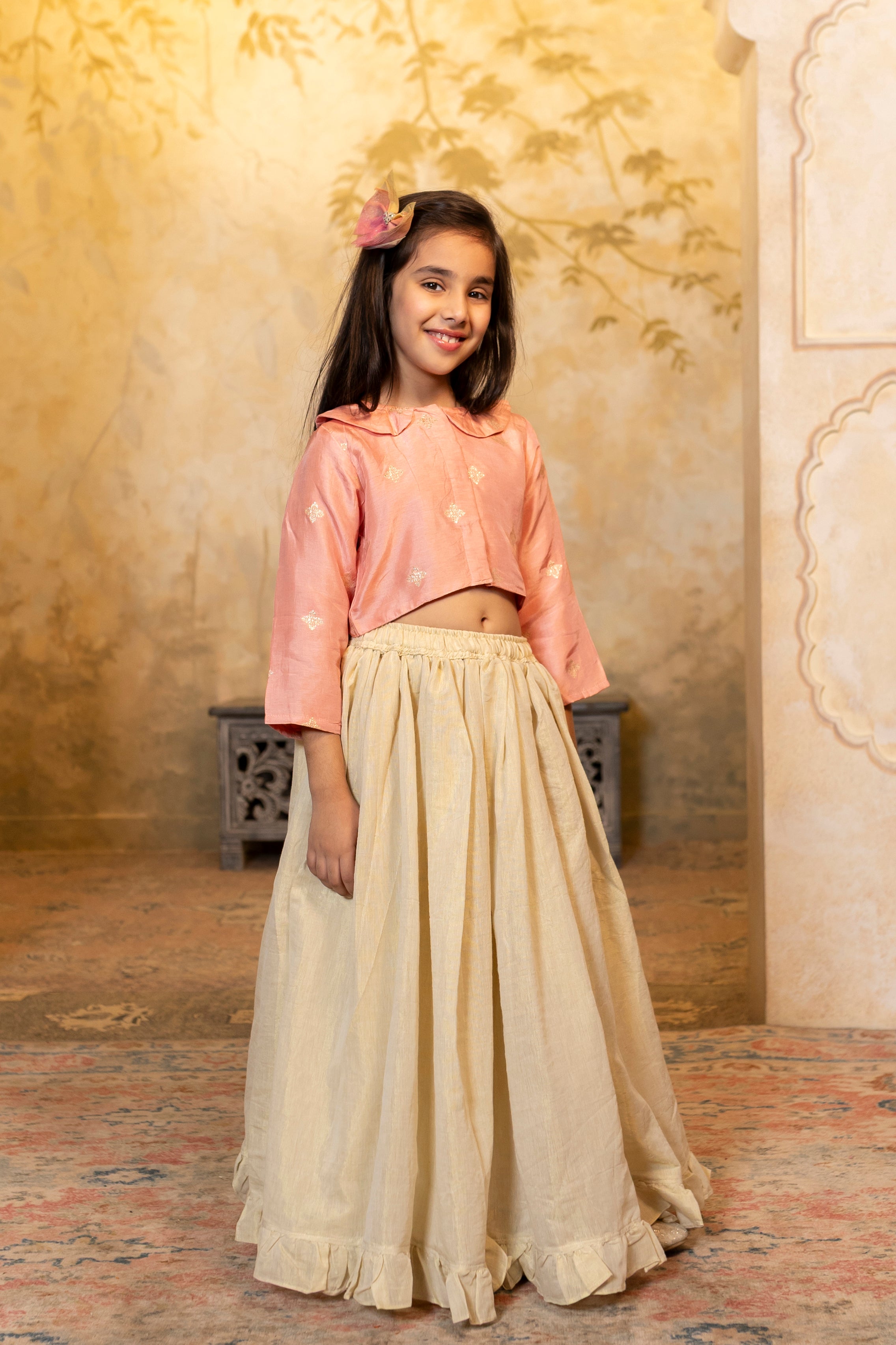 Peter Pan collar Peach top with Ruffle hem lehenga
