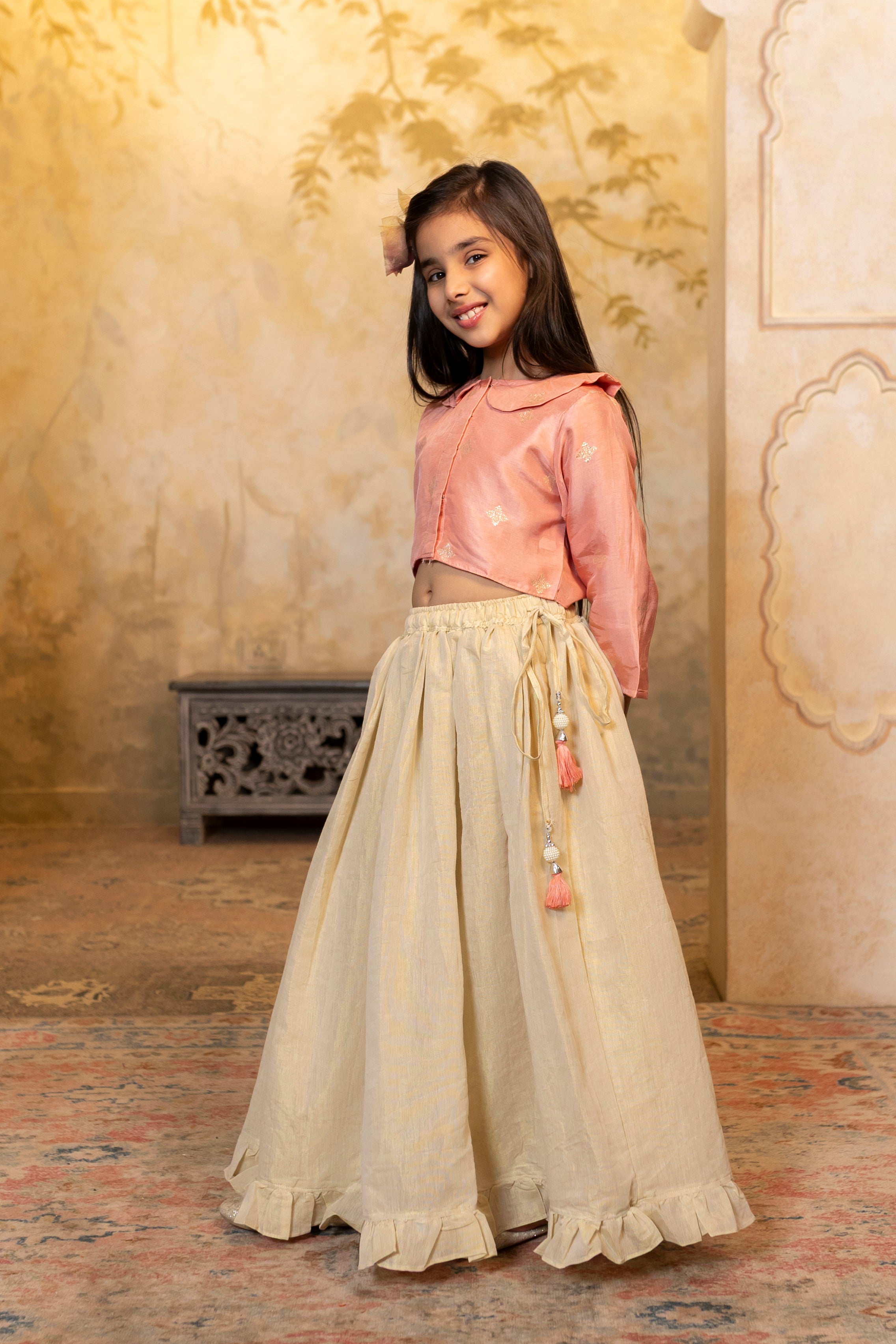 Peter Pan collar Peach top with Ruffle hem lehenga