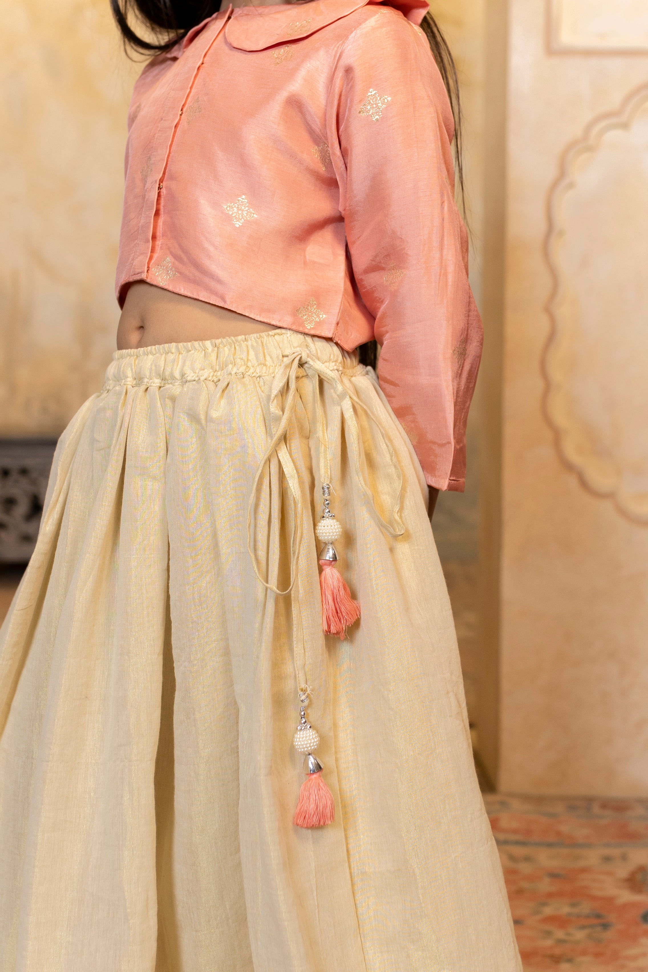 Peter Pan collar Peach top with Ruffle hem lehenga