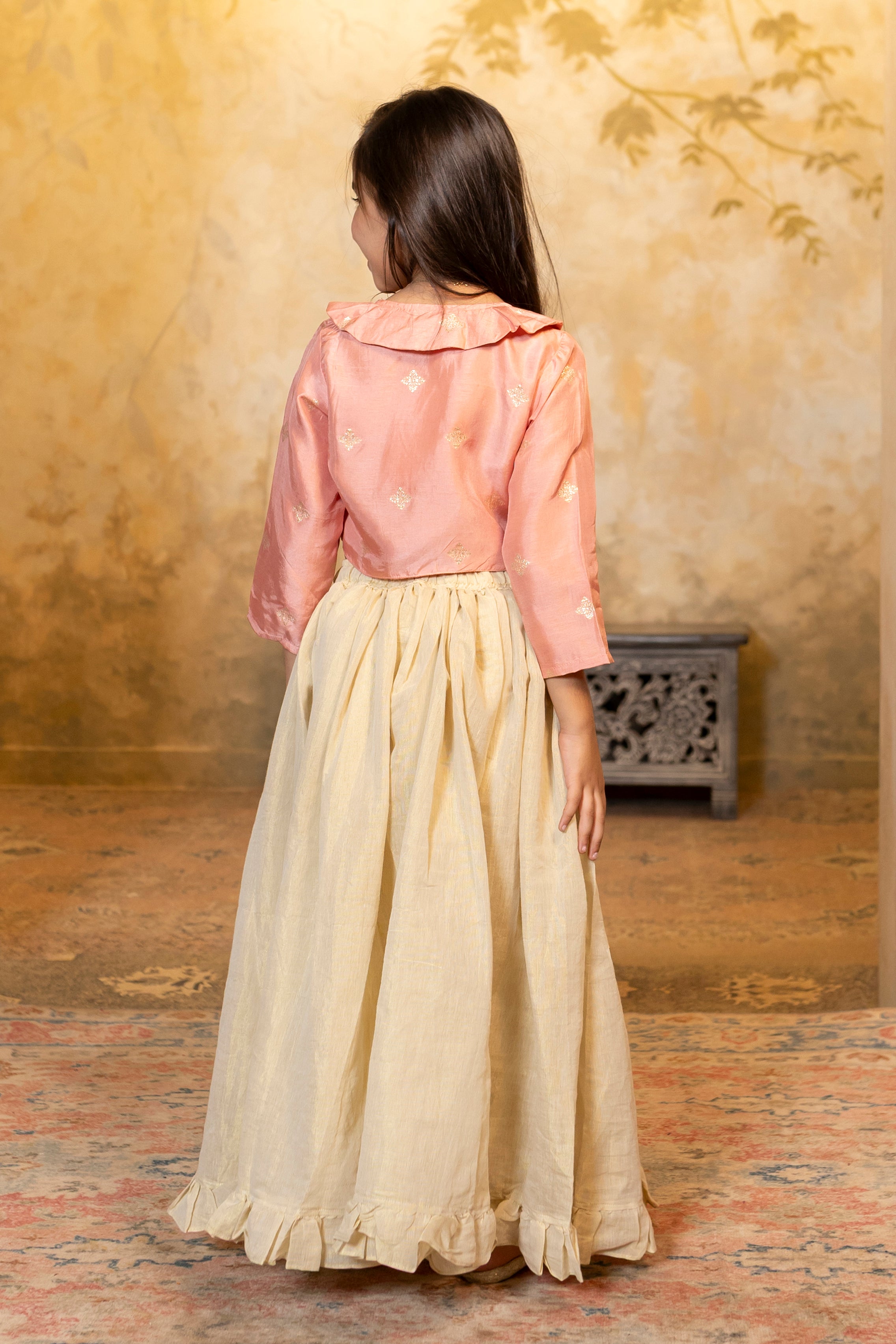 Peter Pan collar Peach top with Ruffle hem lehenga