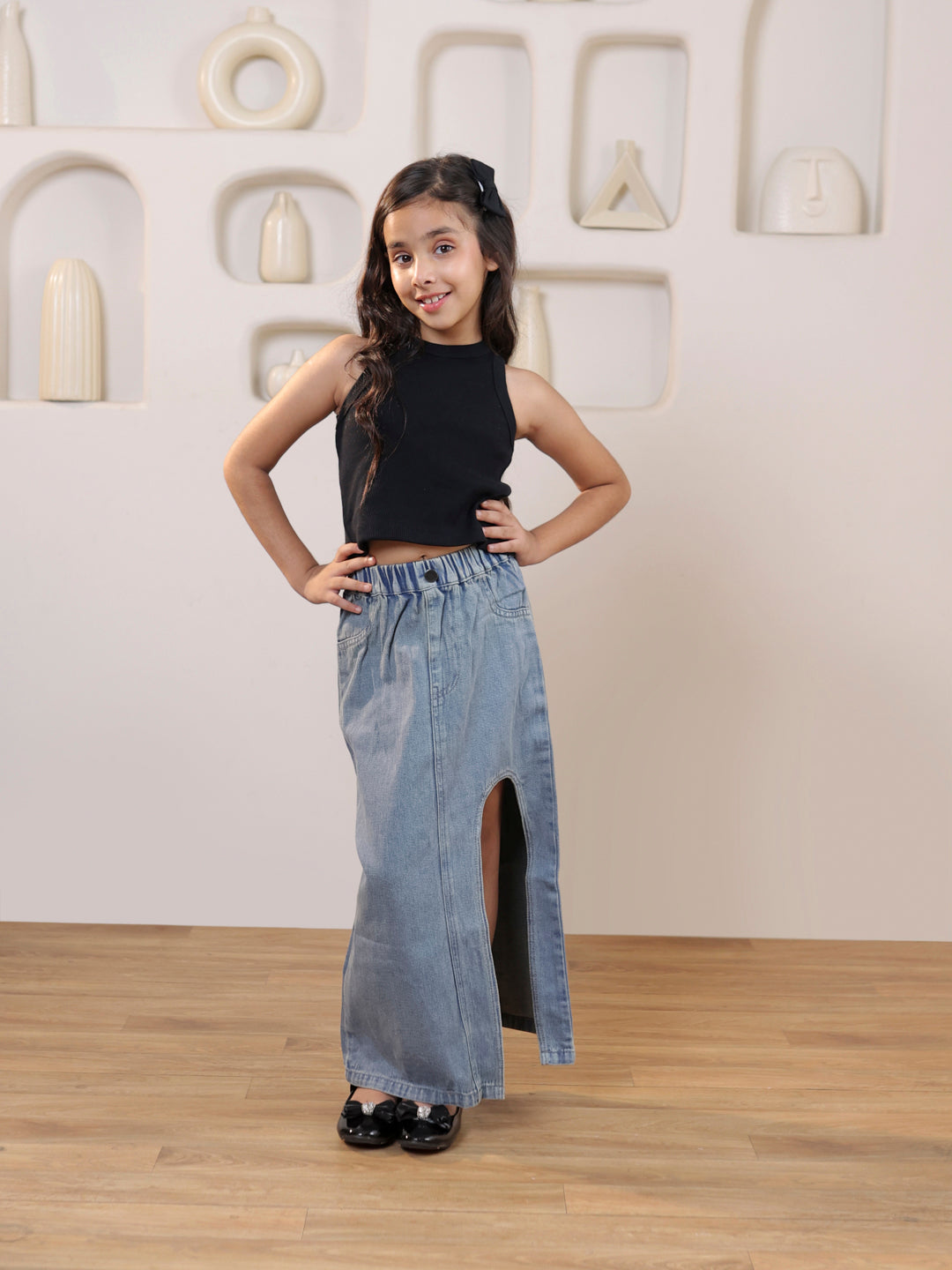 Ribbed sleeveless crop top and solid front slit maxi denim skirt