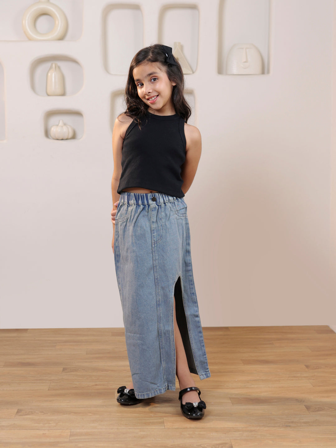Ribbed sleeveless crop top and solid front slit maxi denim skirt