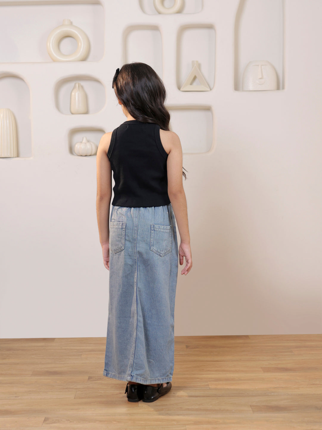 Ribbed sleeveless crop top and solid front slit maxi denim skirt