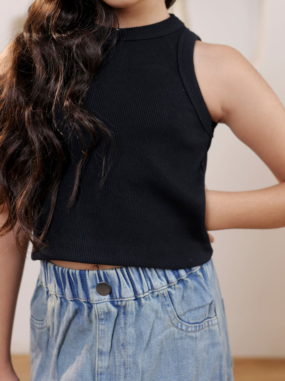 Ribbed sleeveless crop top and solid front slit maxi denim skirt