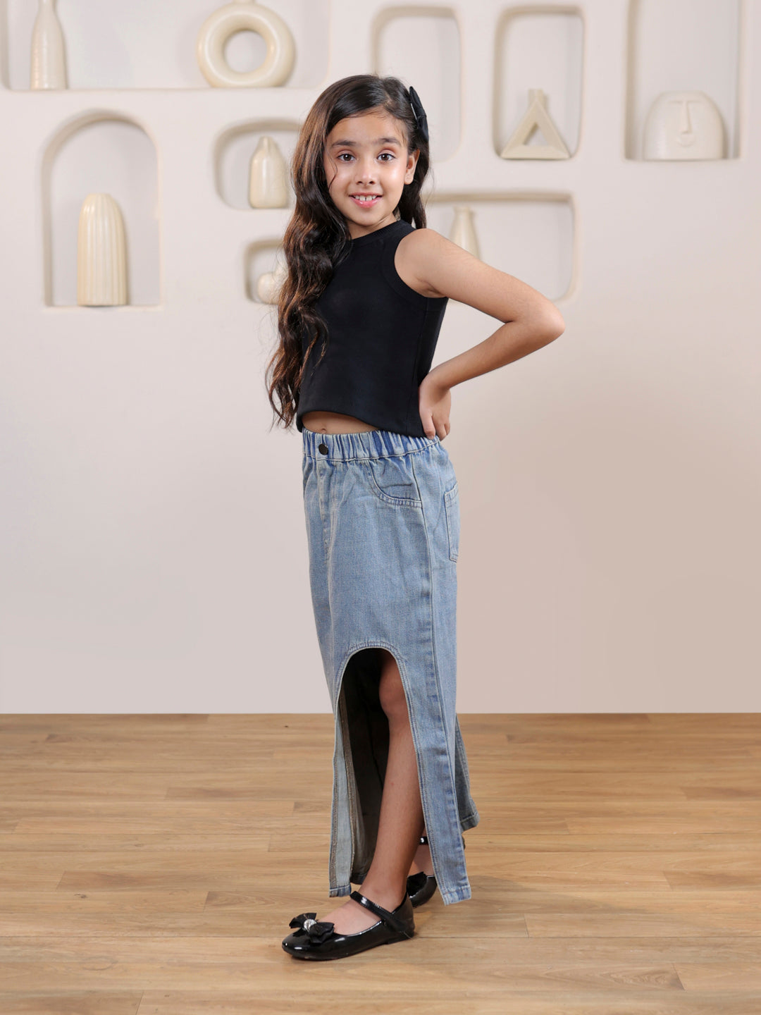 Ribbed sleeveless crop top and solid front slit maxi denim skirt