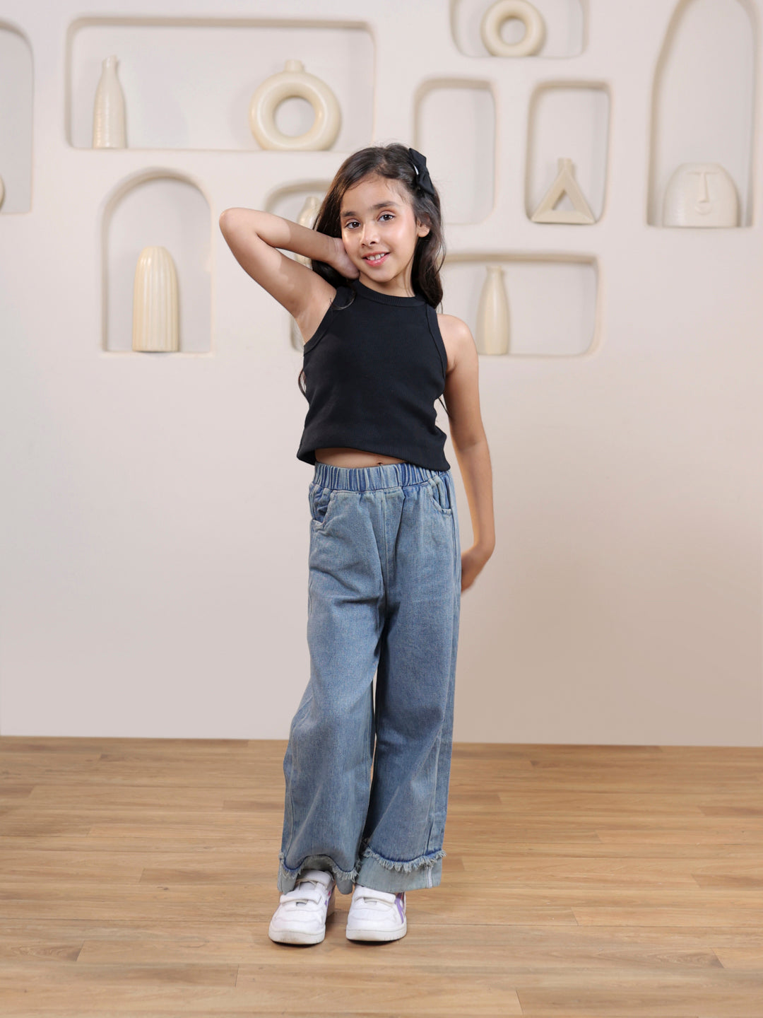 Ribbed sleeveless crop top with denim trouser set