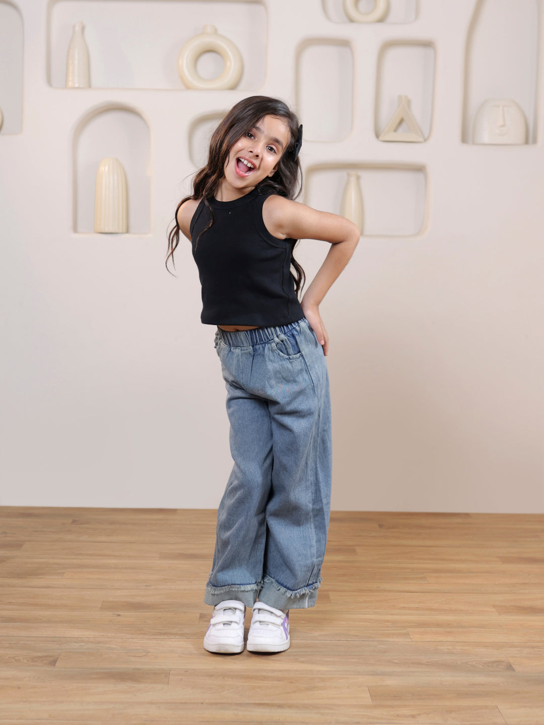 Ribbed sleeveless crop top with denim trouser set