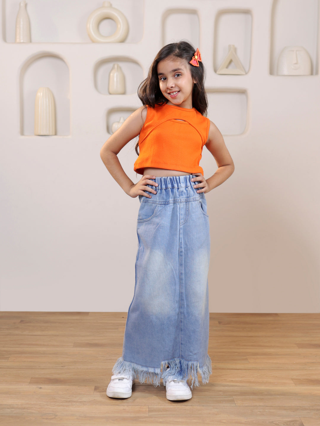 Self design cut out sleeveless crop top and distressed faded straight maxi denim skirt