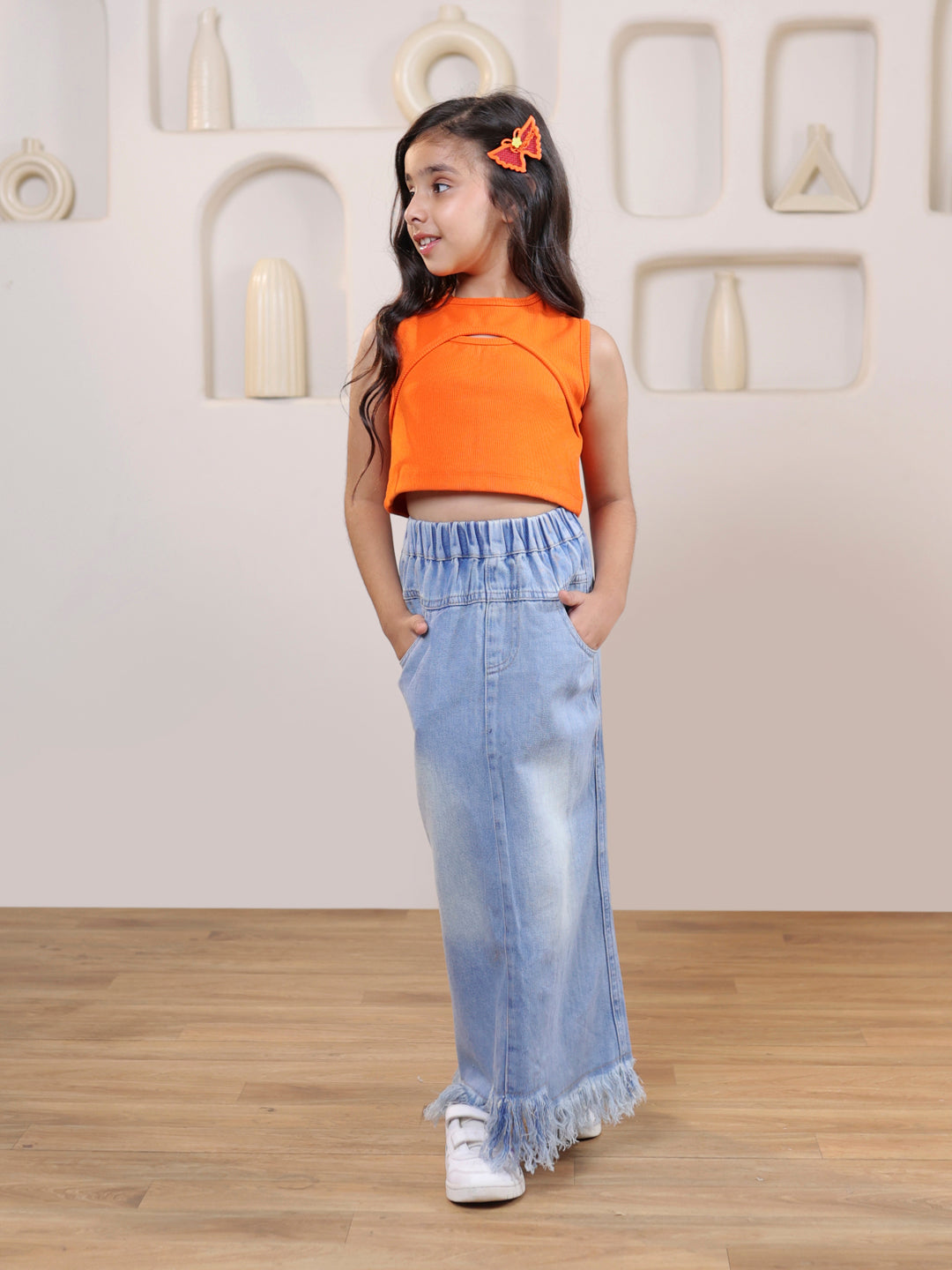 Self design cut out sleeveless crop top and distressed faded straight maxi denim skirt