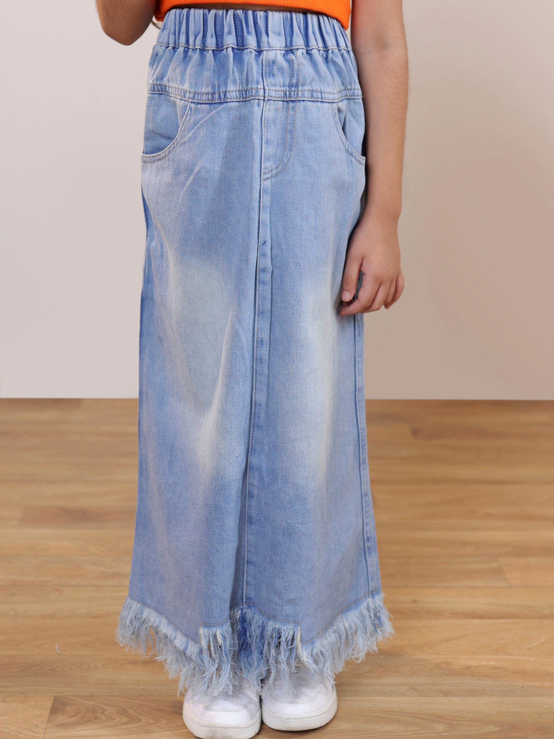 Self design cut out sleeveless crop top and distressed faded straight maxi denim skirt