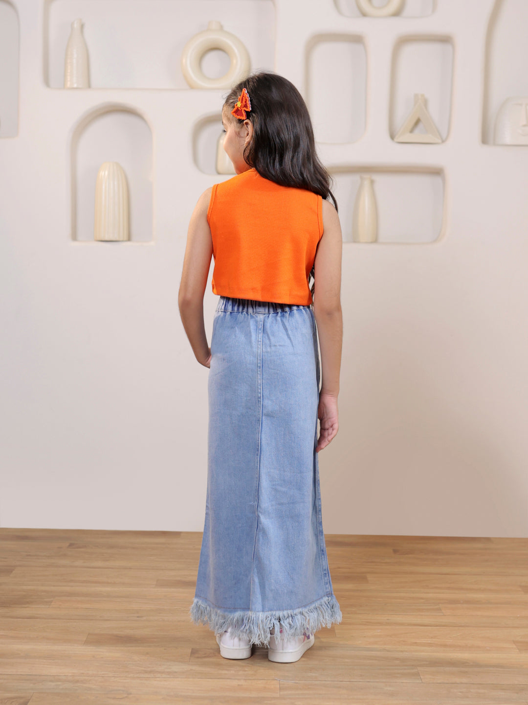 Self design cut out sleeveless crop top and distressed faded straight maxi denim skirt