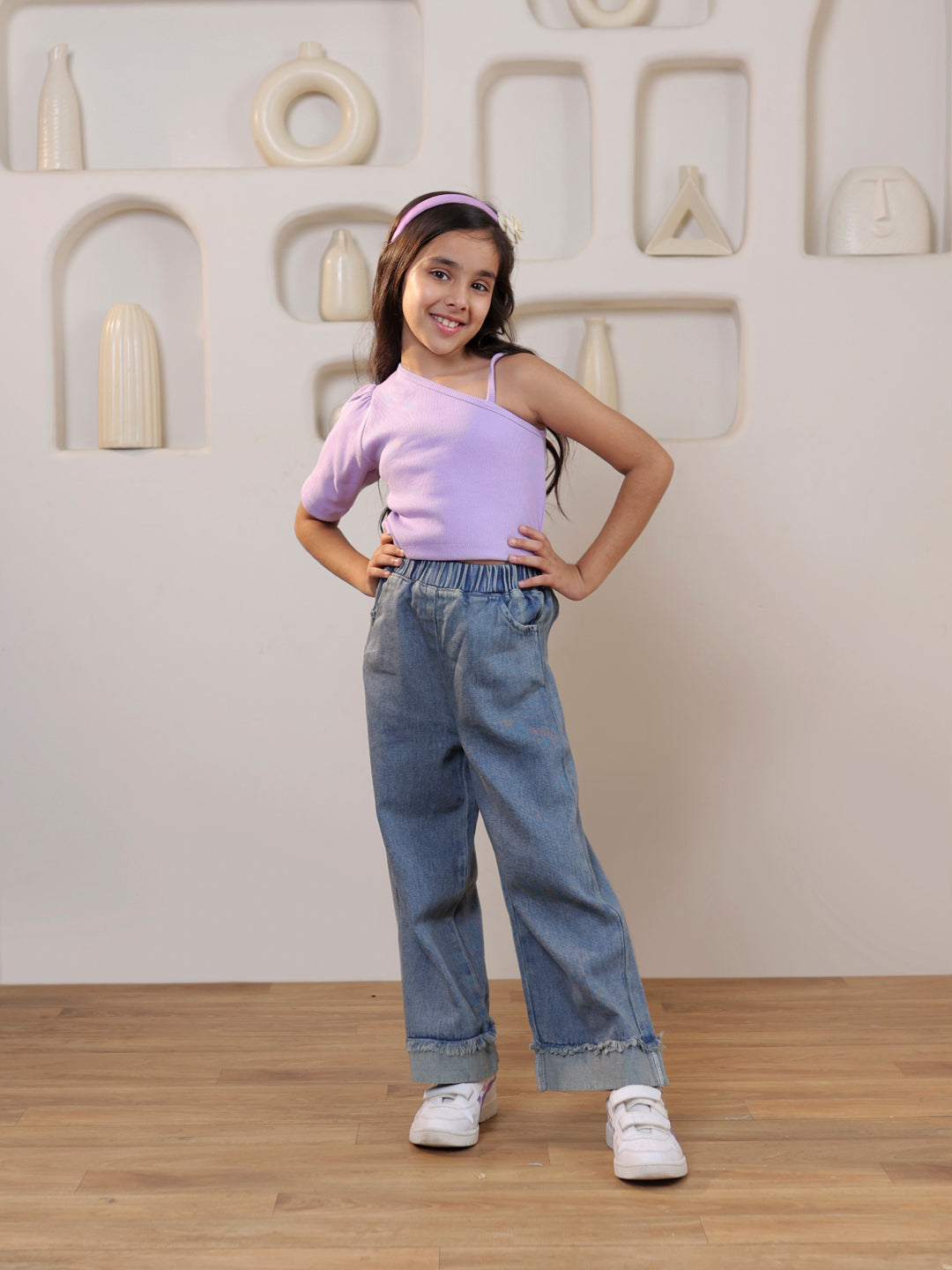 Ribbed one shoulder top with denim trouser set