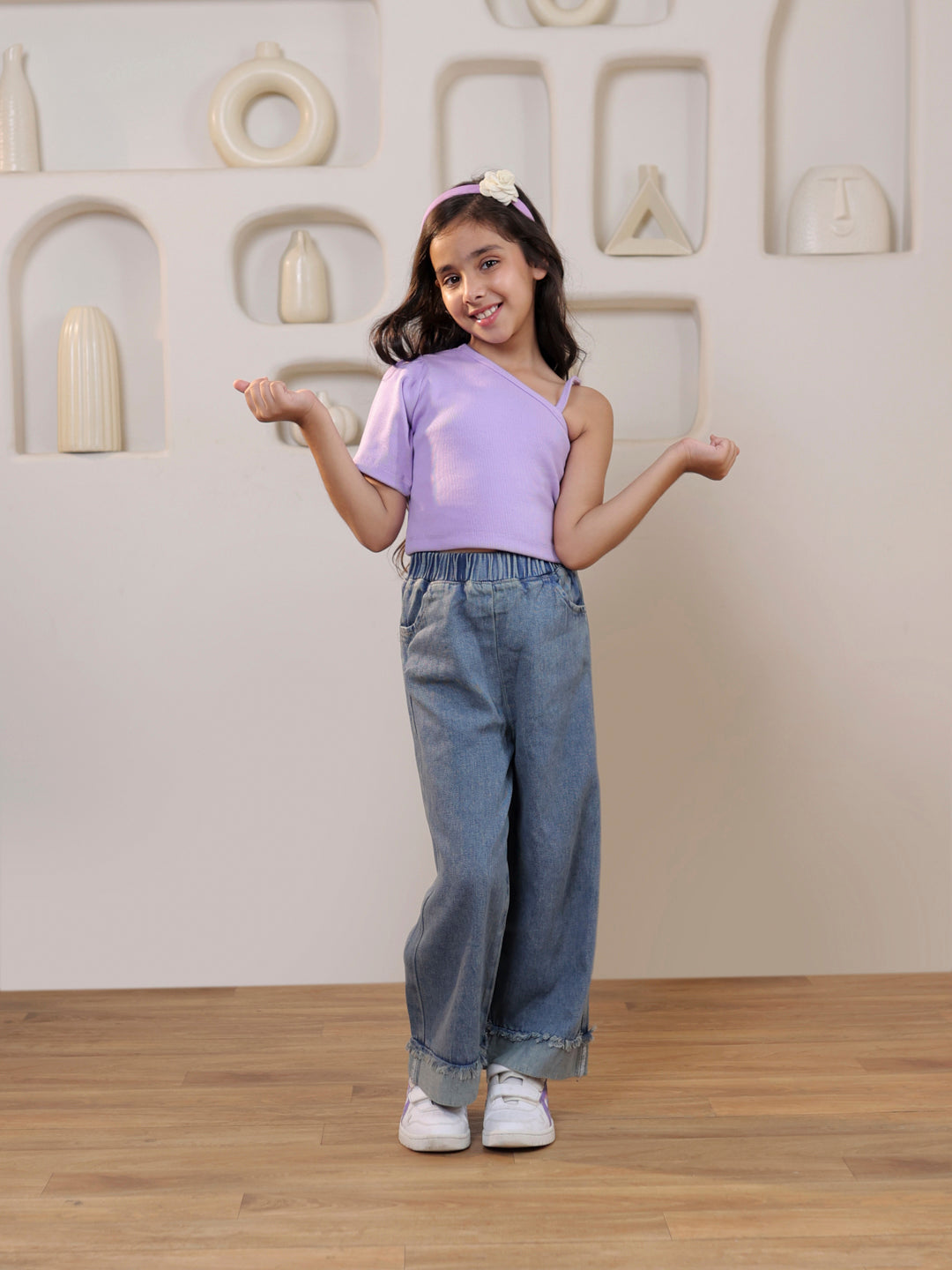 Ribbed one shoulder top with denim trouser set