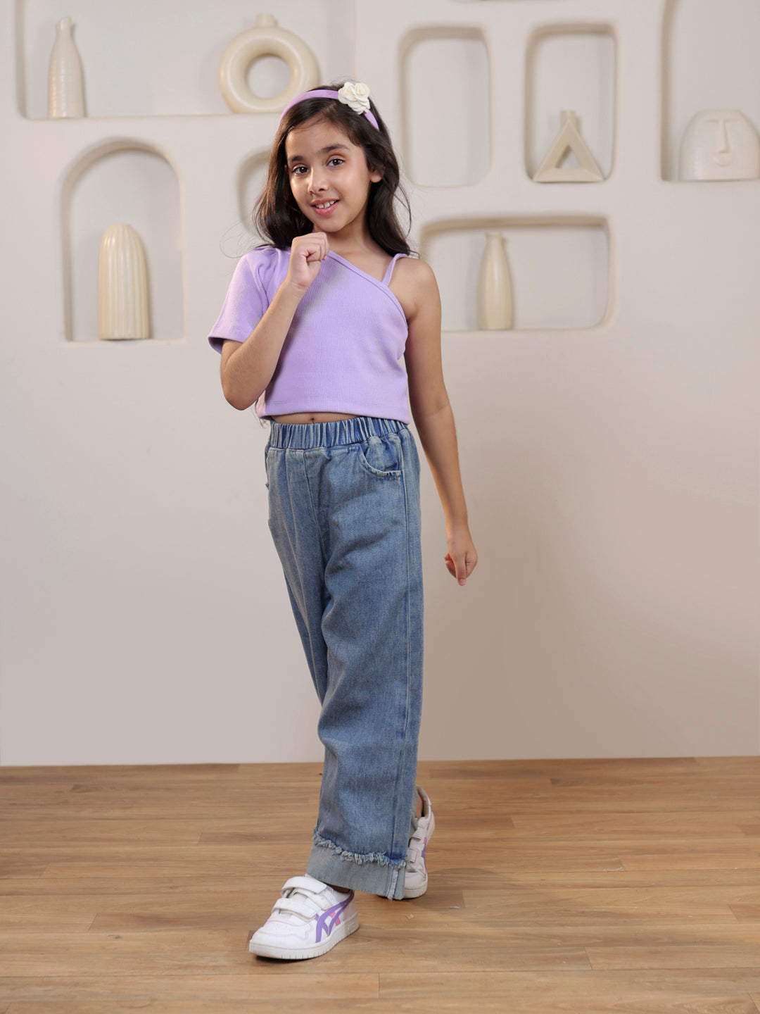 Ribbed one shoulder top with denim trouser set