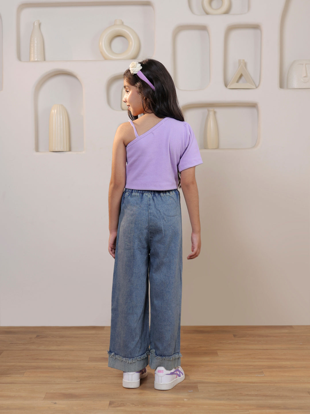 Ribbed one shoulder top with denim trouser set