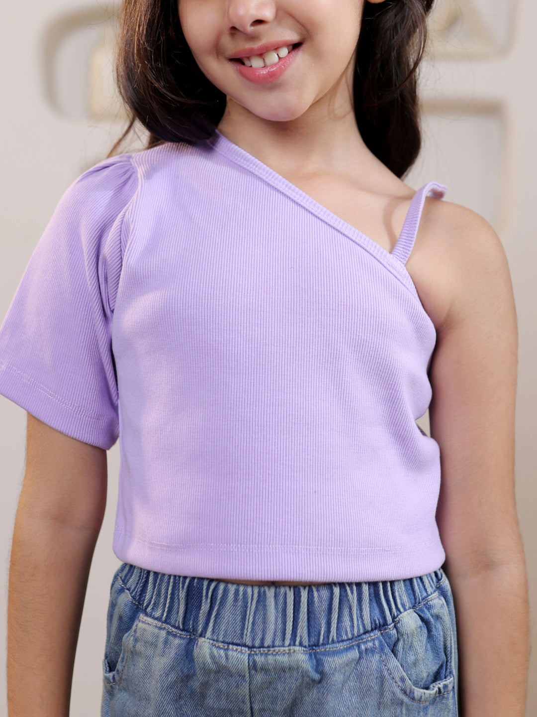 Ribbed one shoulder top with denim trouser set