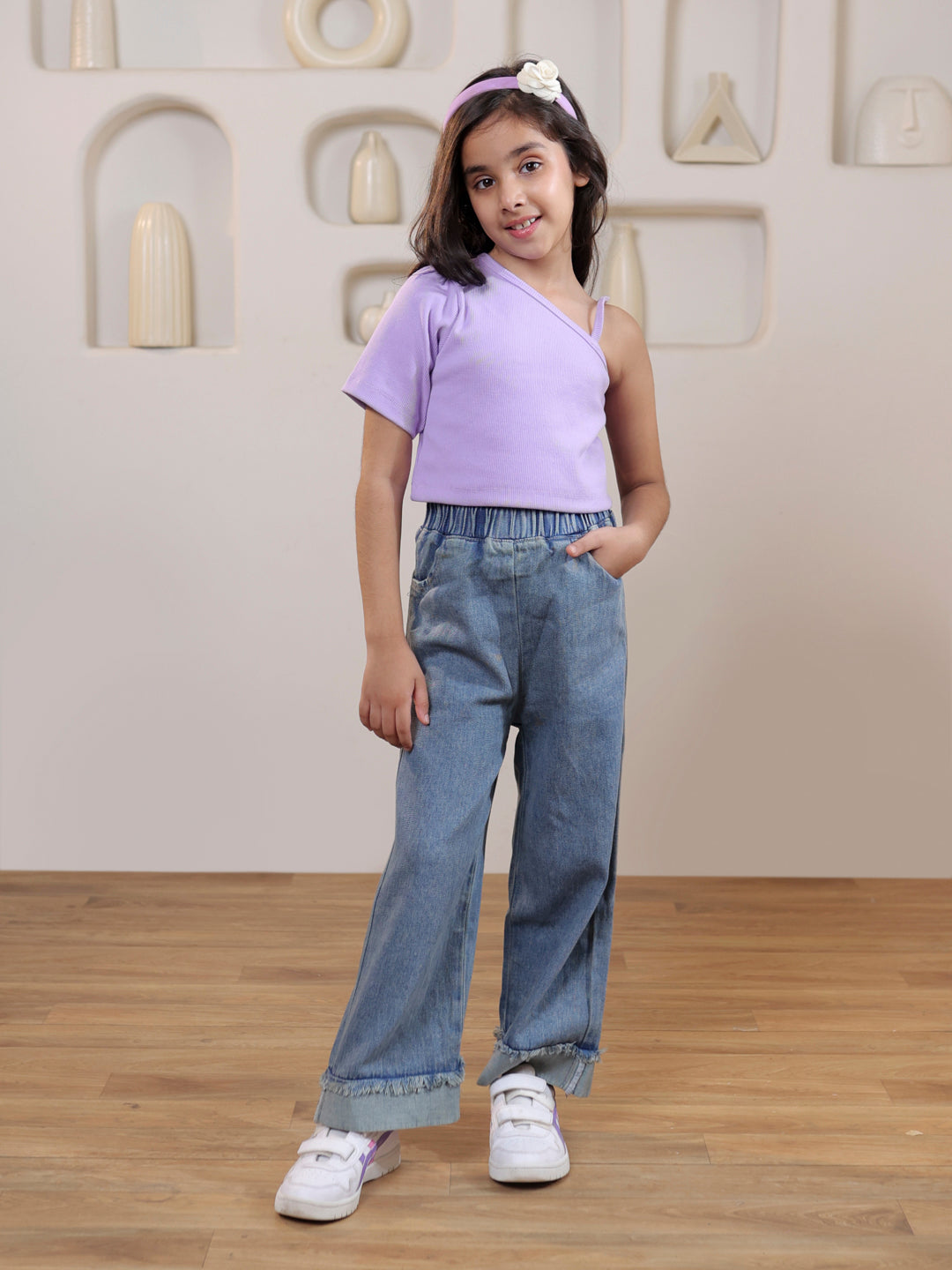 Ribbed one shoulder top with denim trouser set