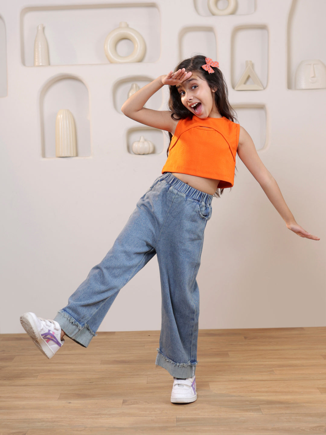 Self design cut out sleeveless crop top with denim trouser set