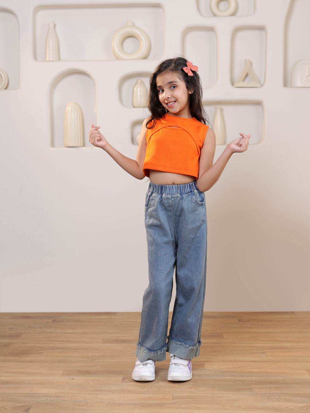 Self design cut out sleeveless crop top with denim trouser set