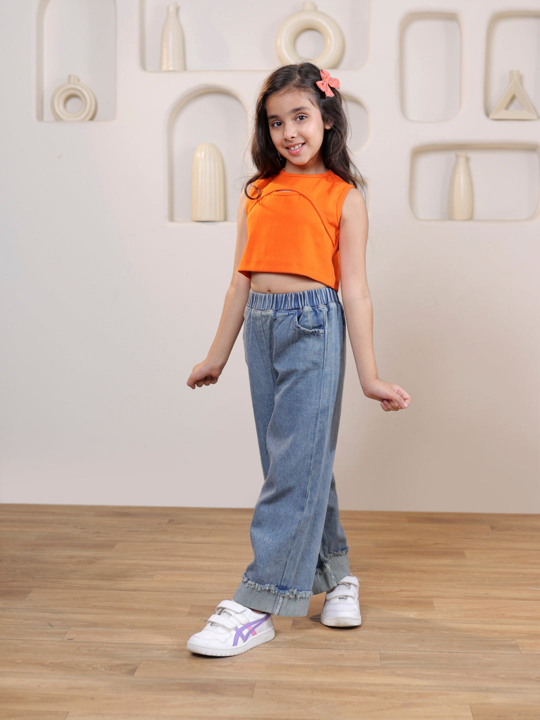 Self design cut out sleeveless crop top with denim trouser set