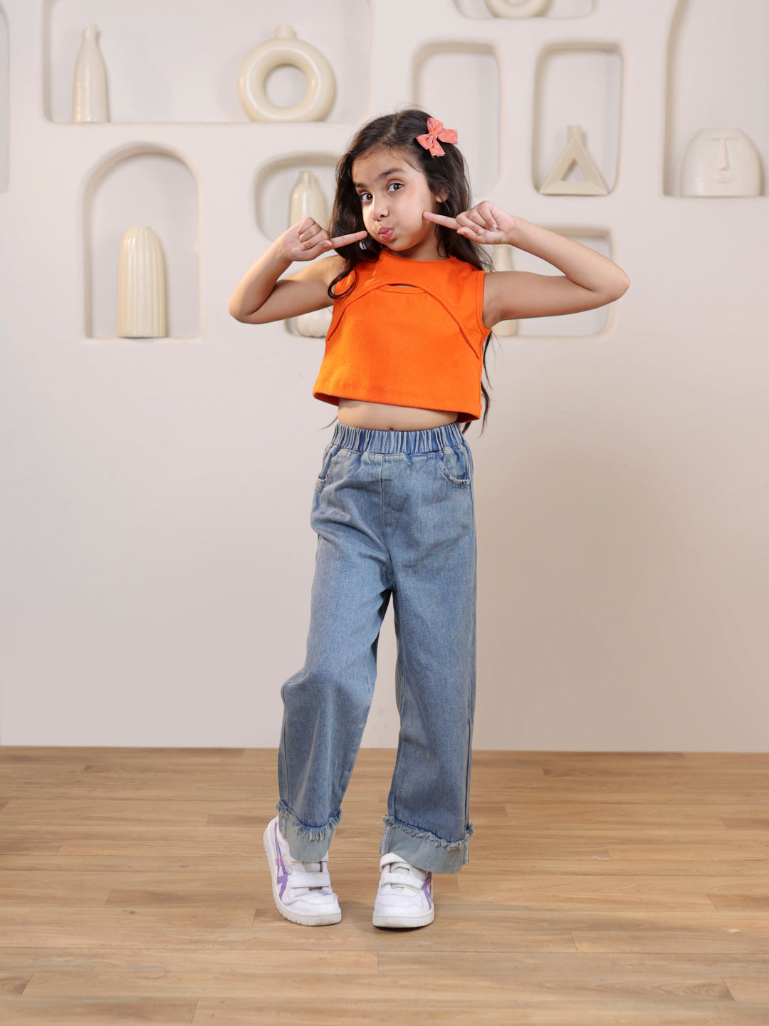 Self design cut out sleeveless crop top with denim trouser set
