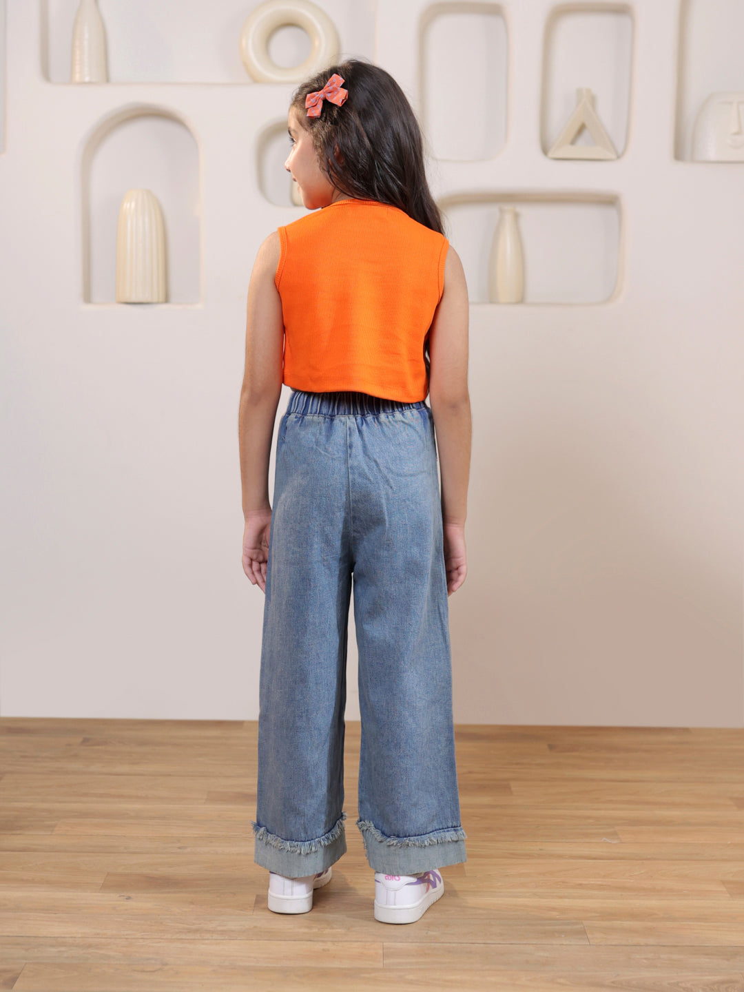 Self design cut out sleeveless crop top with denim trouser set