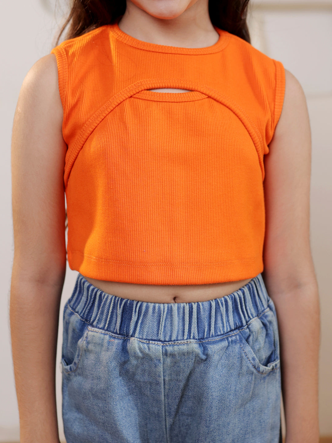 Self design cut out sleeveless crop top with denim trouser set