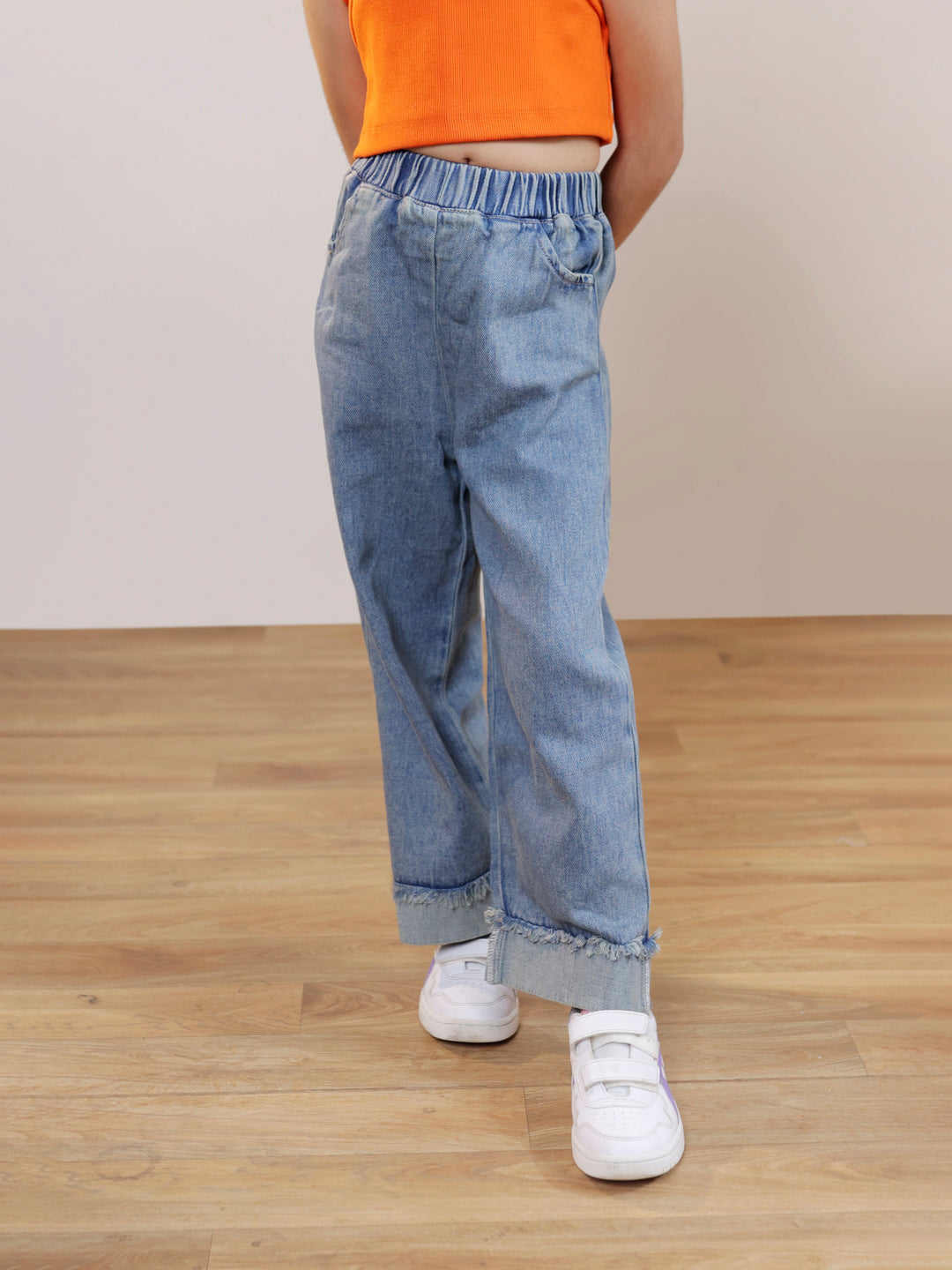 Self design cut out sleeveless crop top with denim trouser set