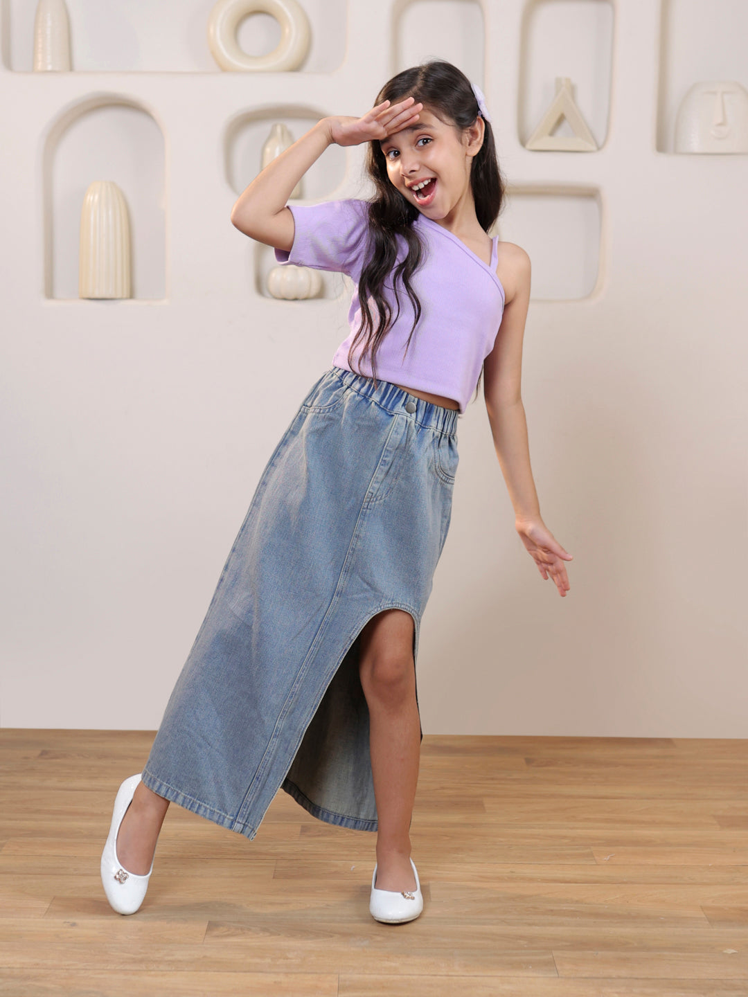 Ribbed one shoulder top and solid front slit maxi denim skirt