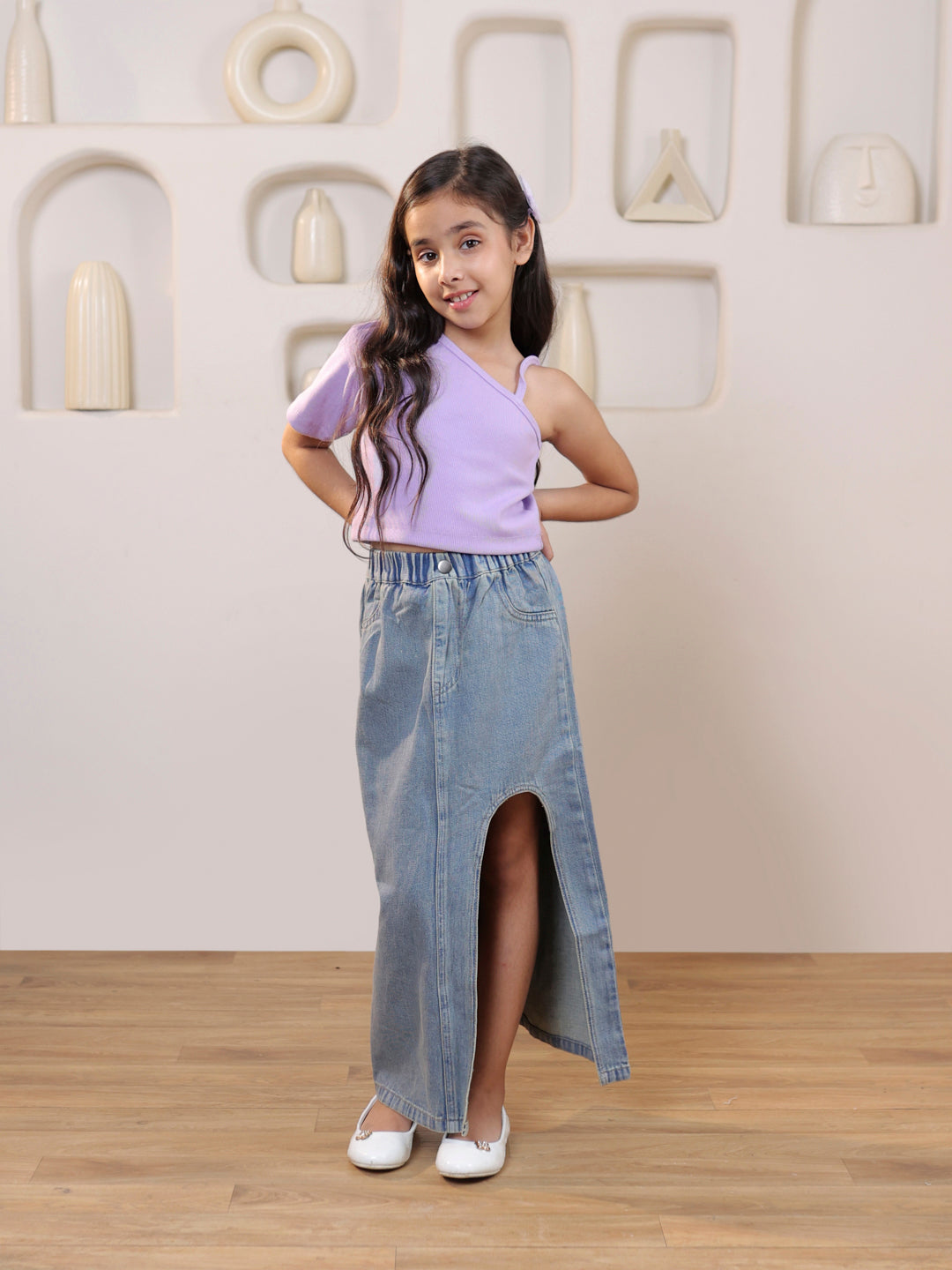 Ribbed one shoulder top and solid front slit maxi denim skirt