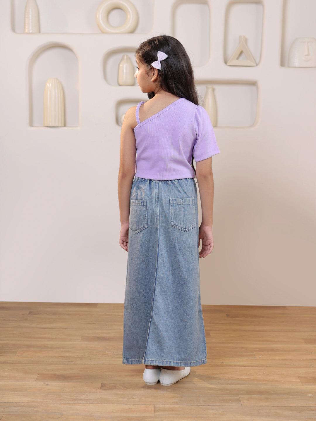 Ribbed one shoulder top and solid front slit maxi denim skirt