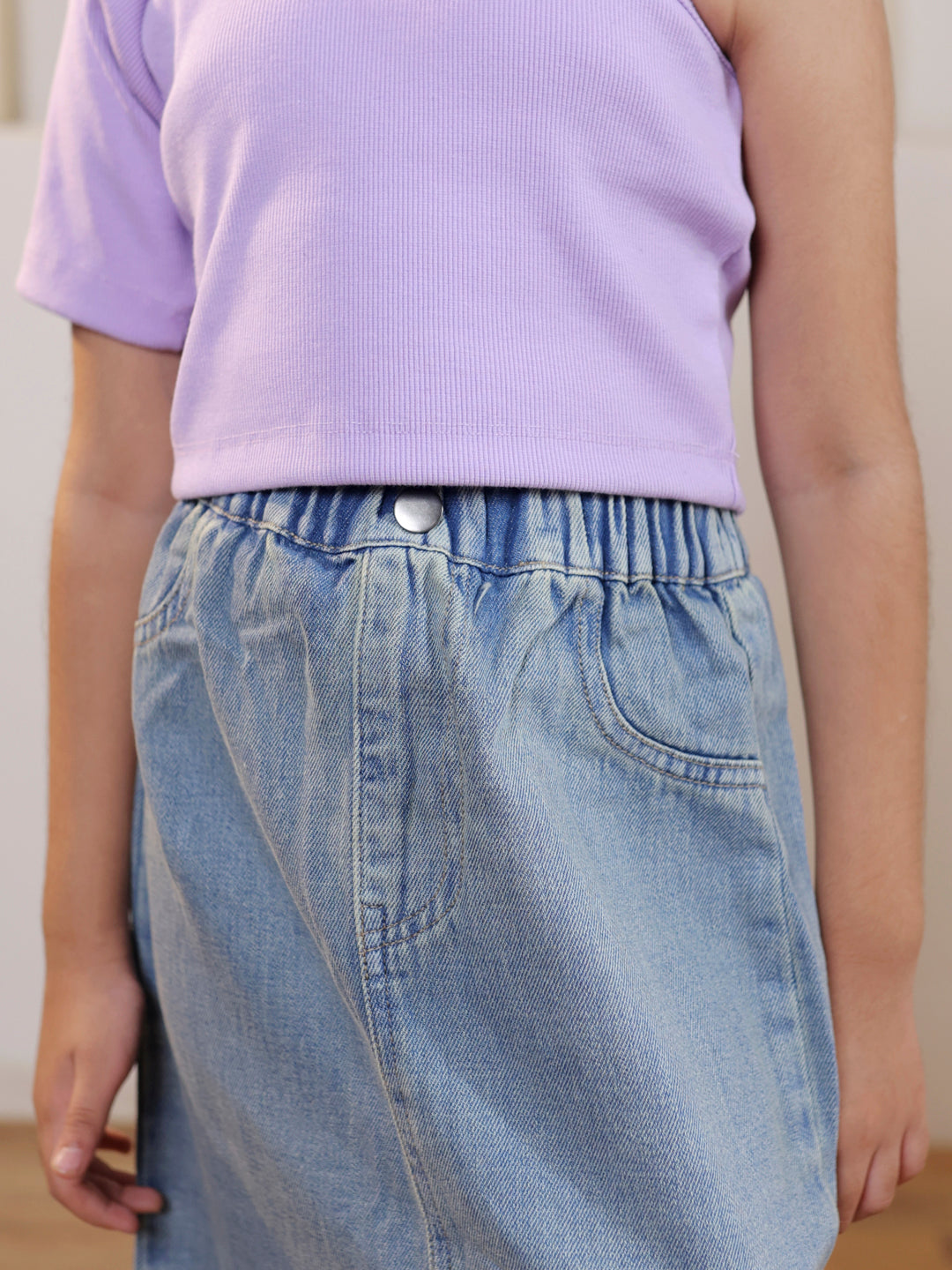 Ribbed one shoulder top and solid front slit maxi denim skirt