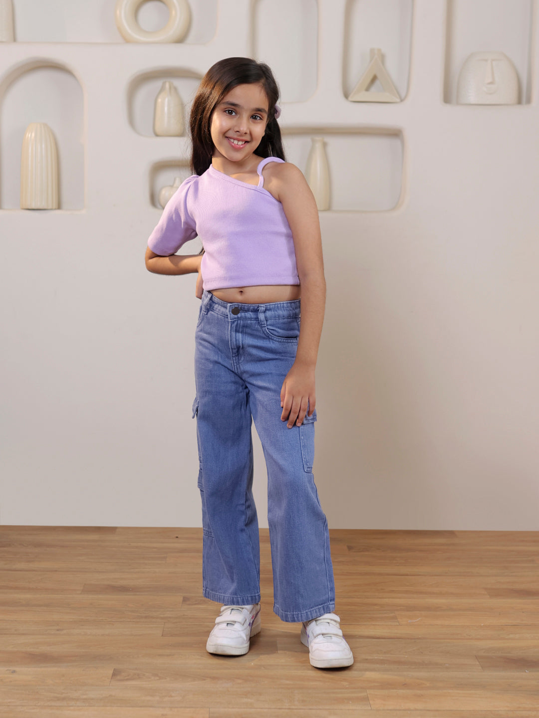 Ribbed one shoulder top with pure cotton denim cargo