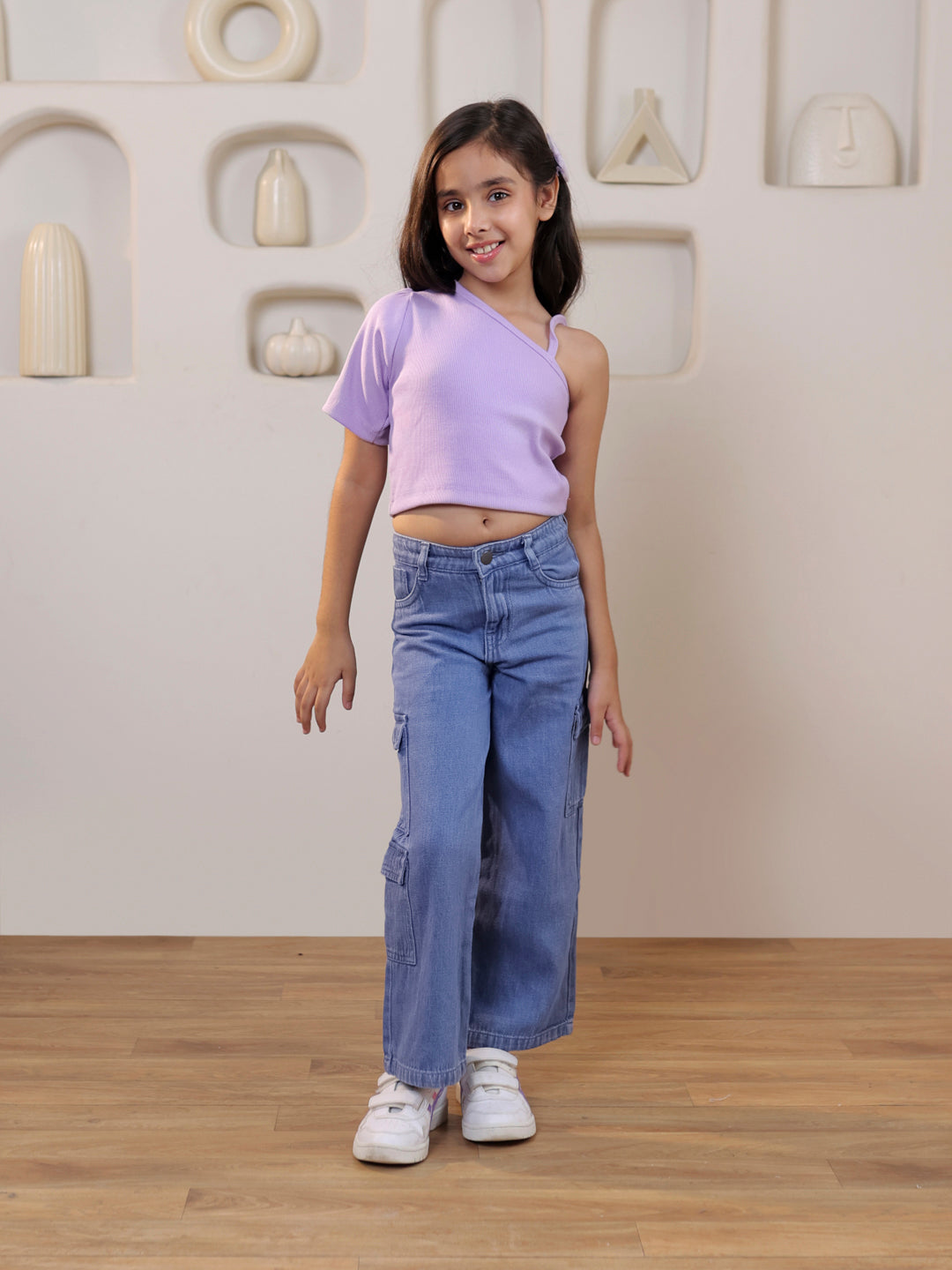 Ribbed one shoulder top with pure cotton denim cargo