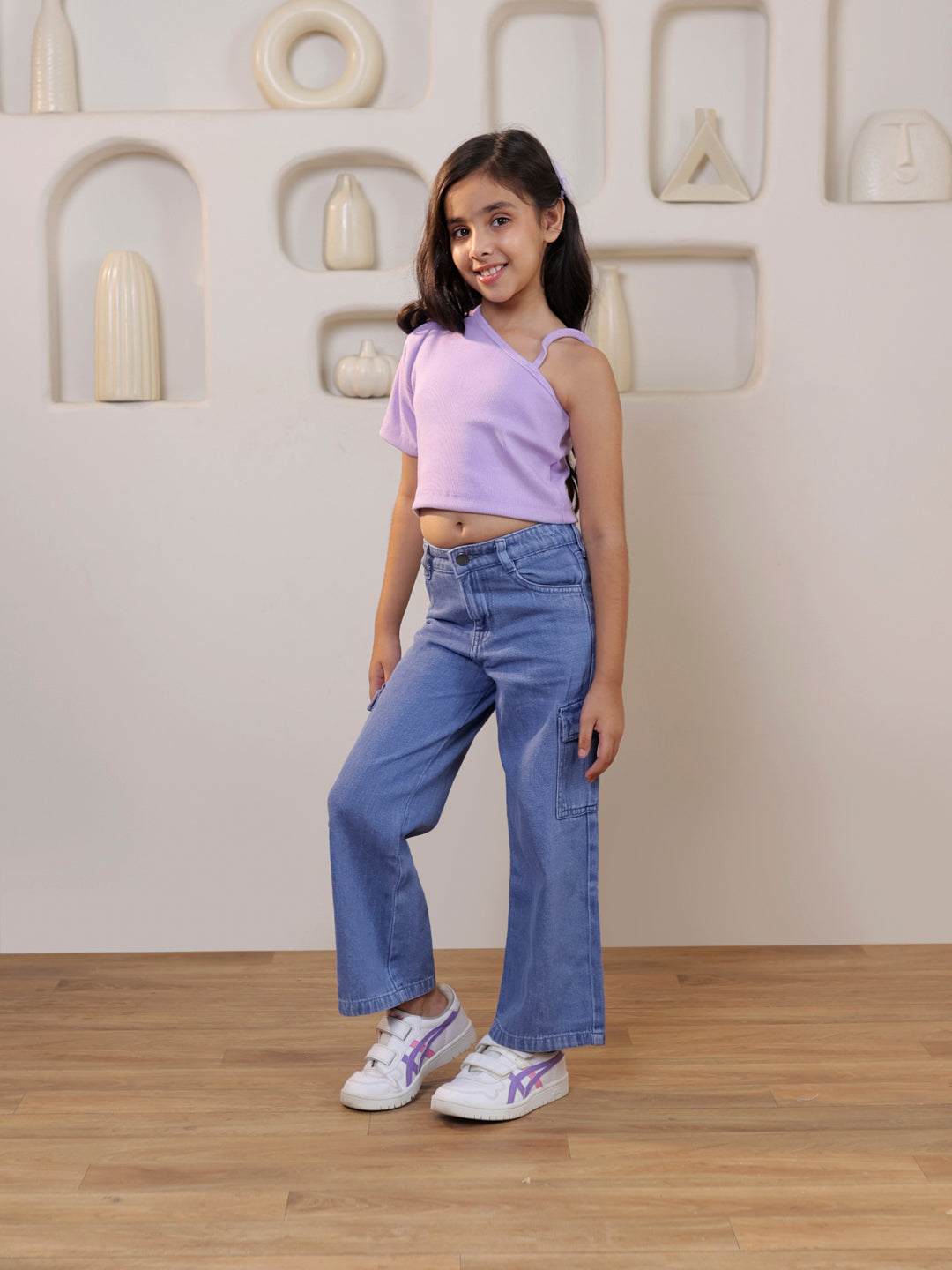 Ribbed one shoulder top with pure cotton denim cargo