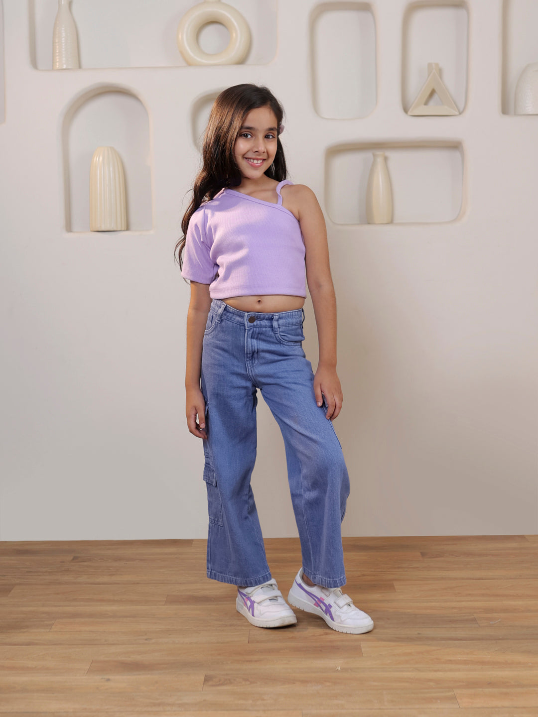 Ribbed one shoulder top with pure cotton denim cargo