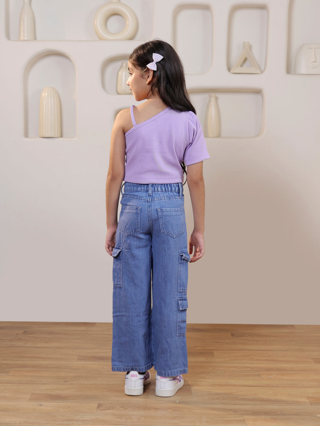Ribbed one shoulder top with pure cotton denim cargo