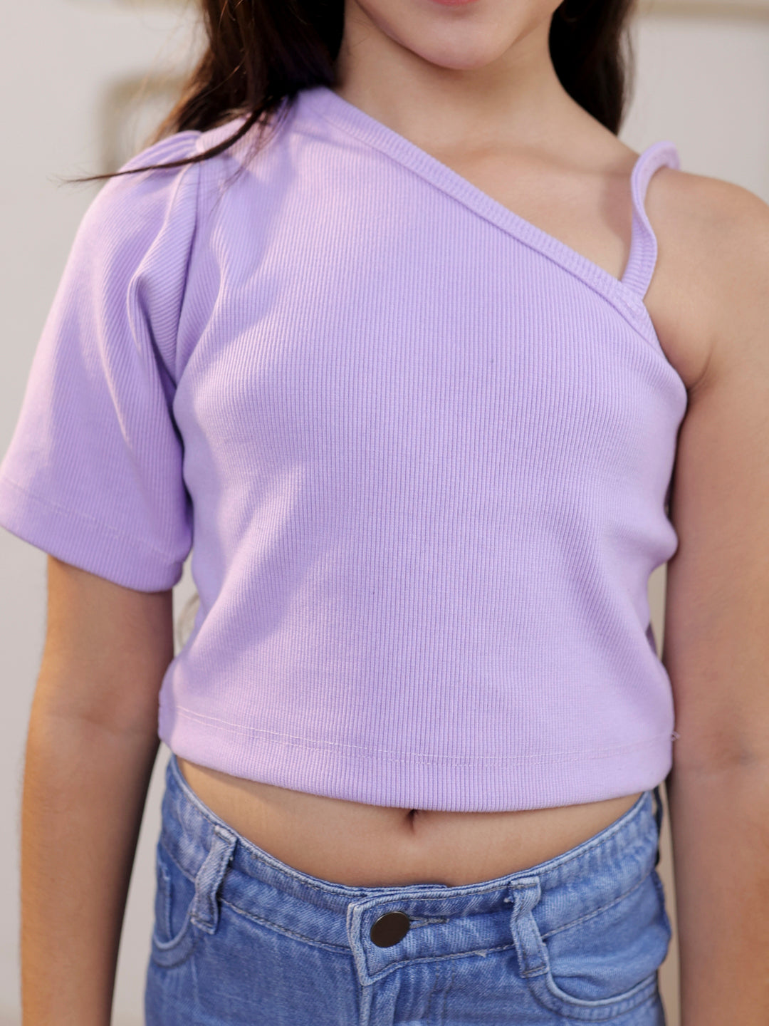 Ribbed one shoulder top with pure cotton denim cargo