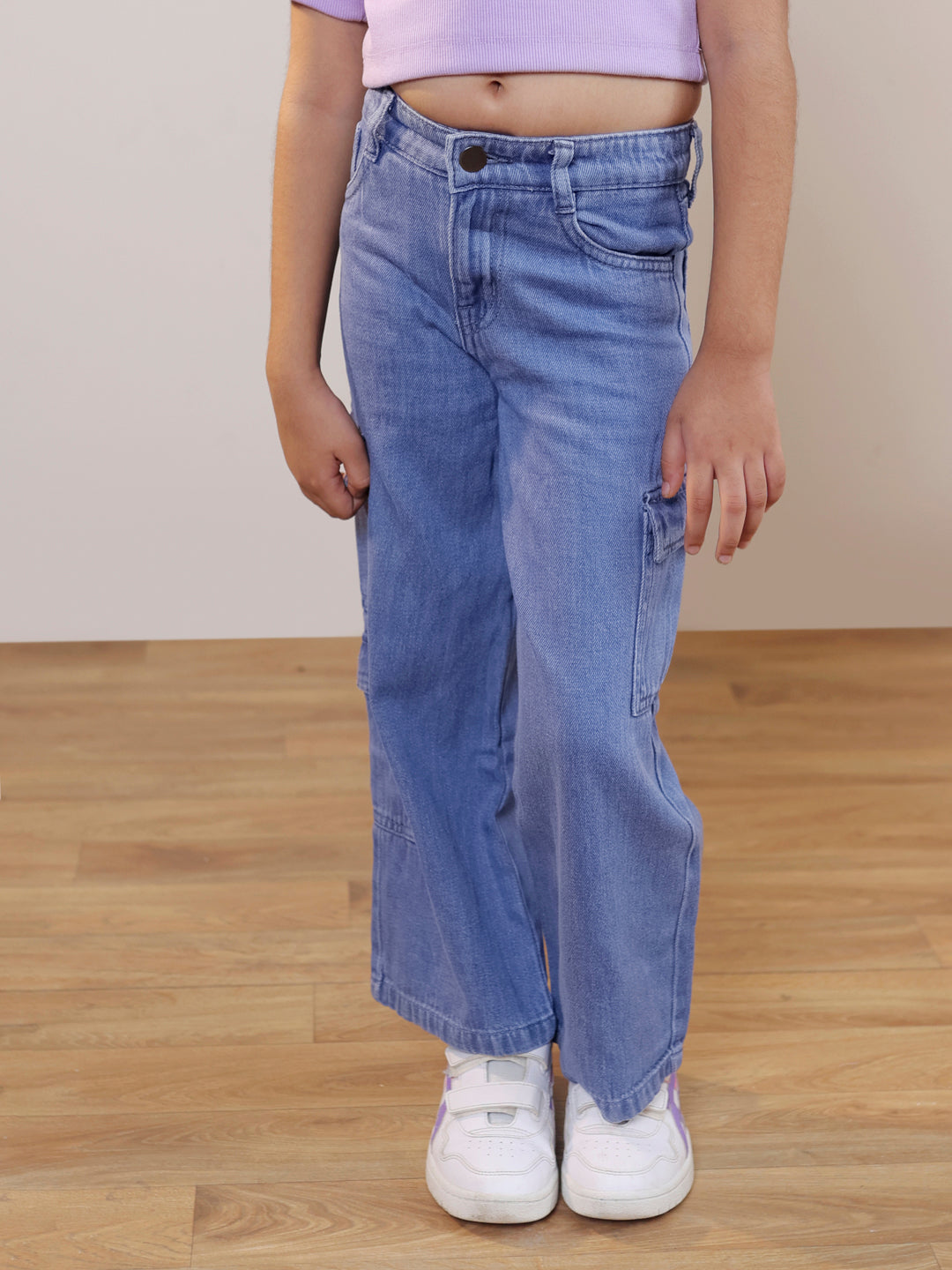 Ribbed one shoulder top with pure cotton denim cargo