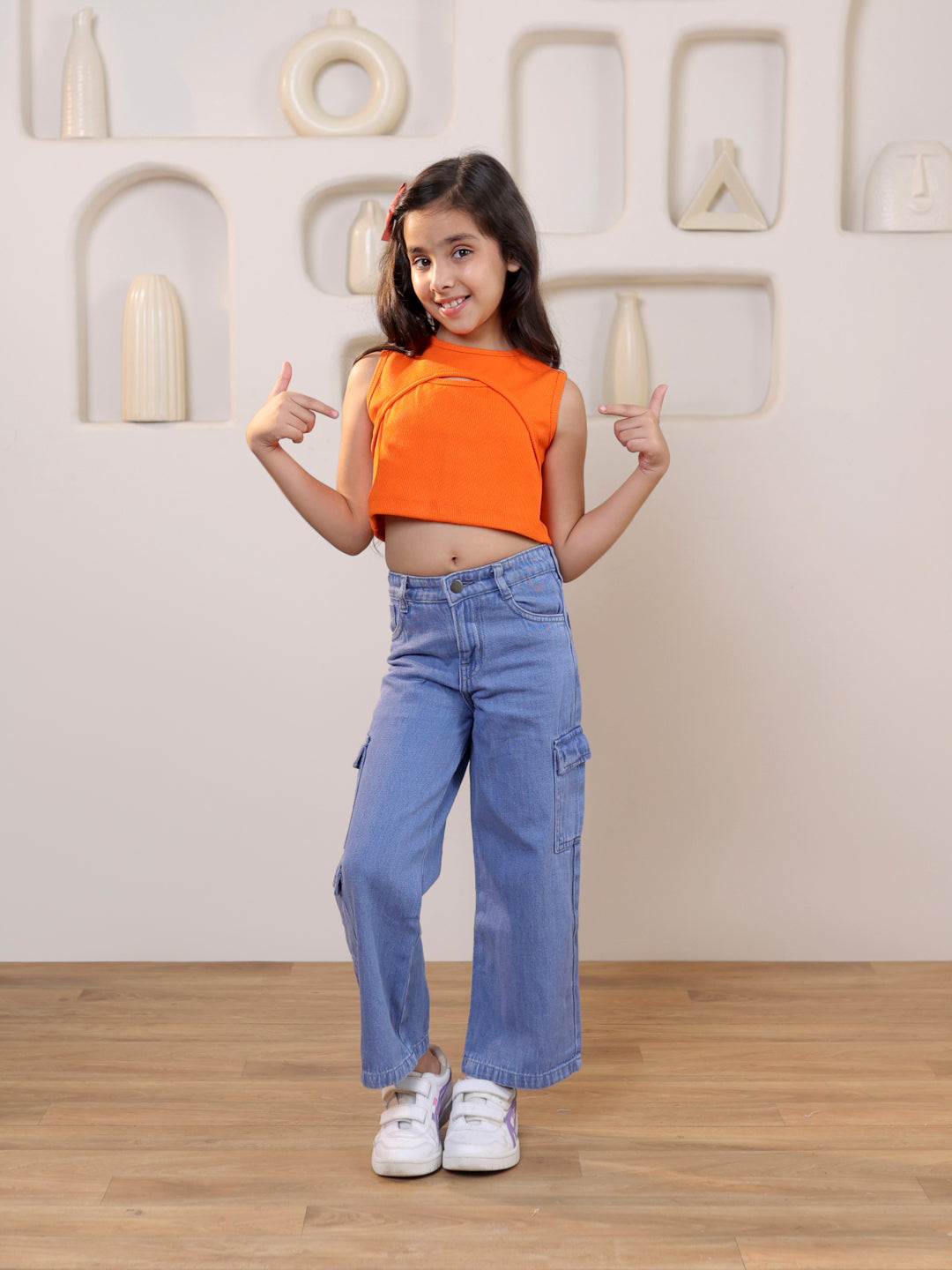 Self design cut out sleeveless crop top and pure cotton denim cargo