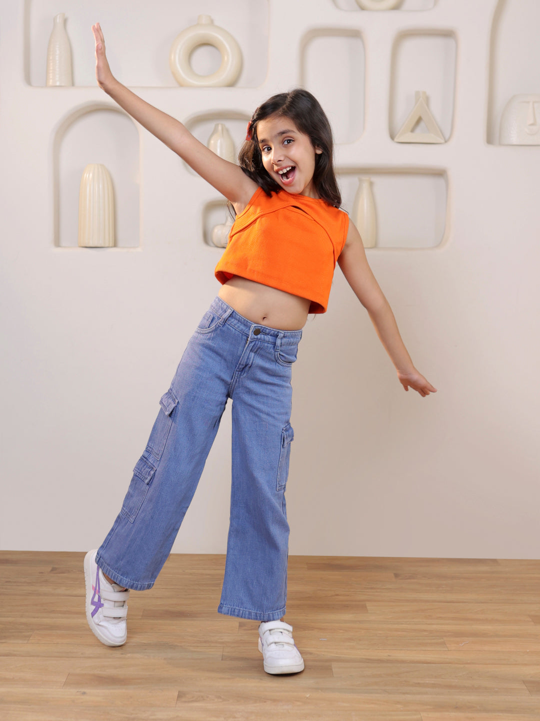 Self design cut out sleeveless crop top and pure cotton denim cargo