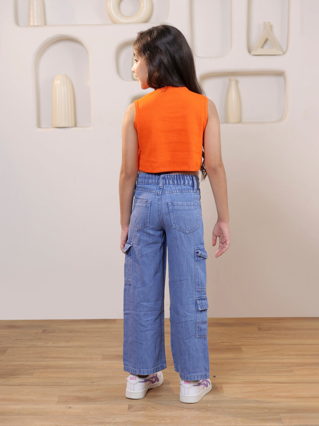 Self design cut out sleeveless crop top and pure cotton denim cargo