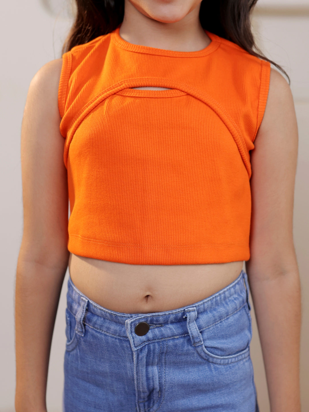 Self design cut out sleeveless crop top and pure cotton denim cargo