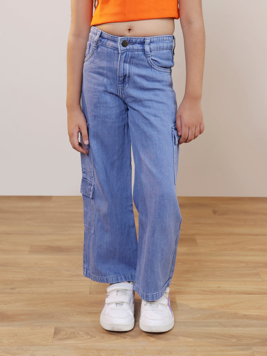 Self design cut out sleeveless crop top and pure cotton denim cargo