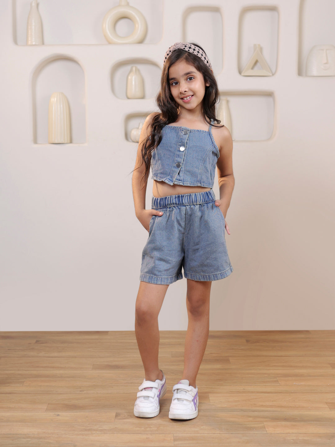 Strappy denim top with shorts set