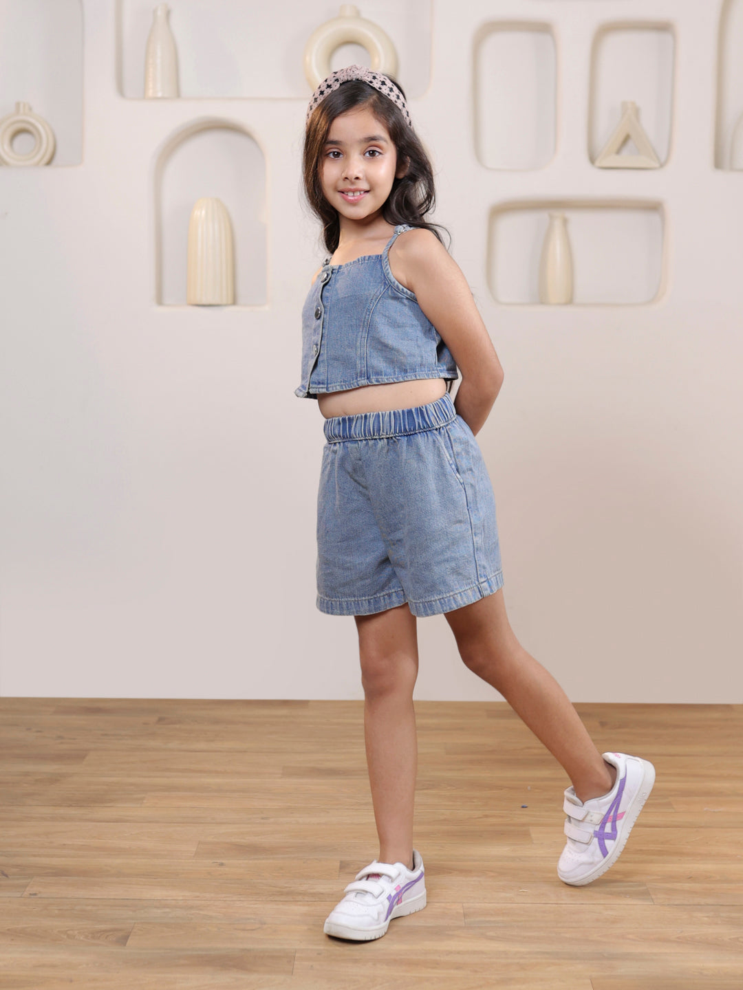 Strappy denim top with shorts set