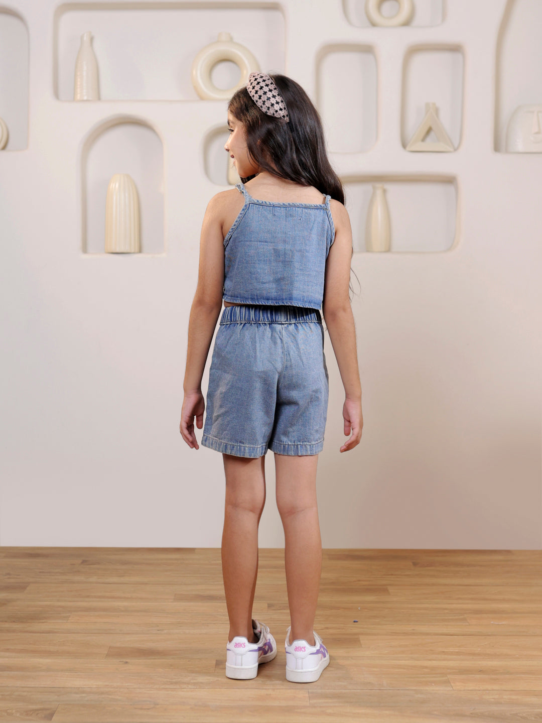 Strappy denim top with shorts set