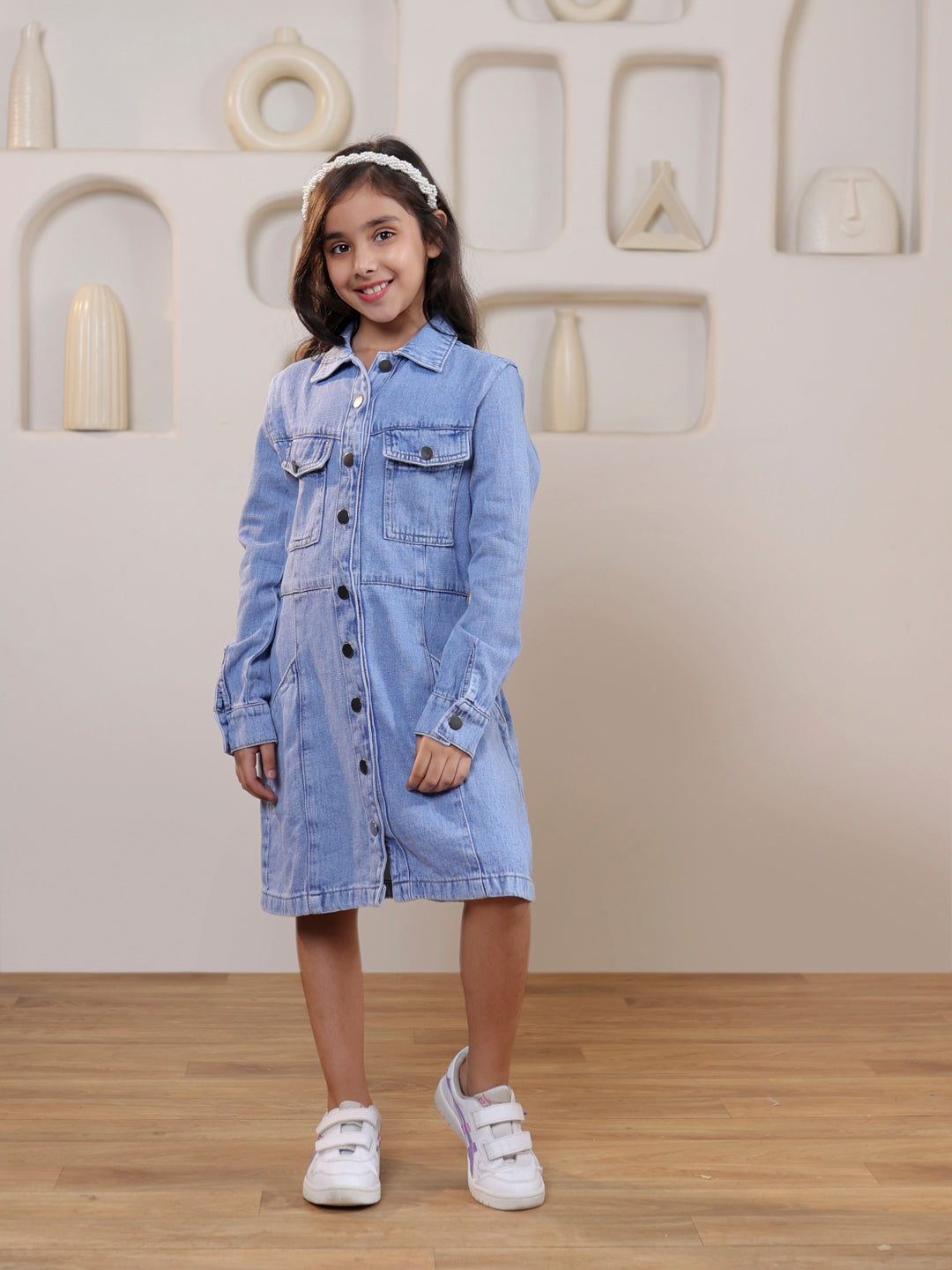 Girls Full sleeves denim solid shirt dress