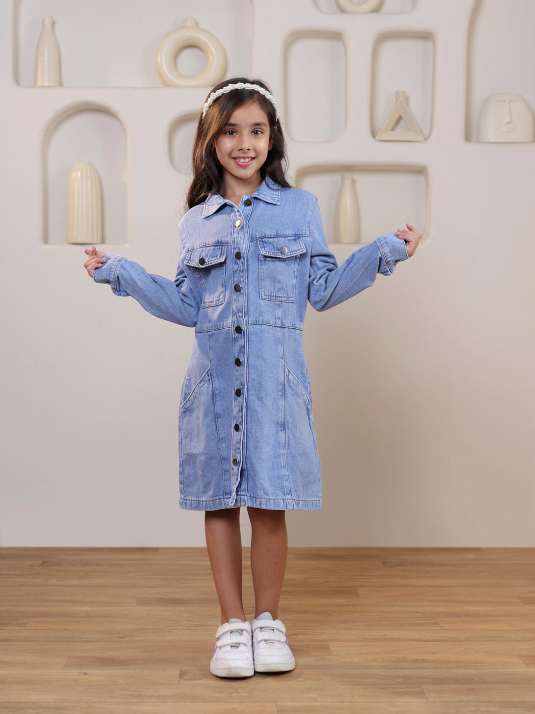 Girls Full sleeves denim solid shirt dress